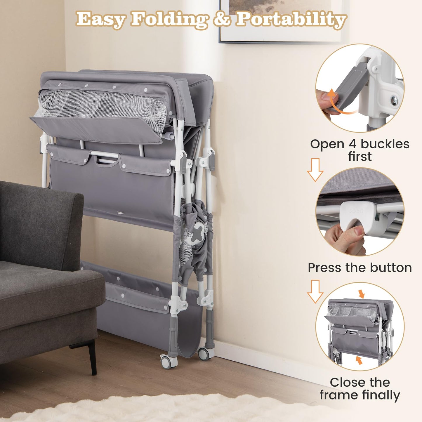 BABY JOY Portable Baby Changing Table, Foldable Waterproof Diaper Changing Station w/Wheels, Adjustable Height, Storage Basket, Shelves & Trash Bin, Mobile Nursery Organizer for Newborn Infant, Beige