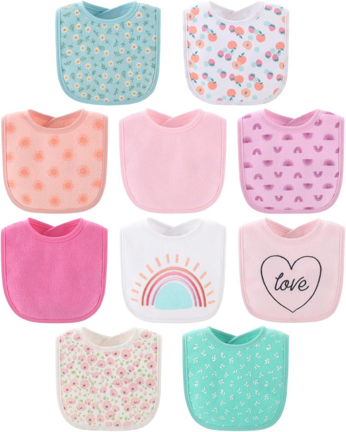 The Peanutshell Baby Girl Terry Bib Set of 10-100% Cotton, Soft, Absorbent Baby Bibs for Girls, Toddler Baby Girl Bibs Set, Newborn & Infant Bib - Rainbow Floral