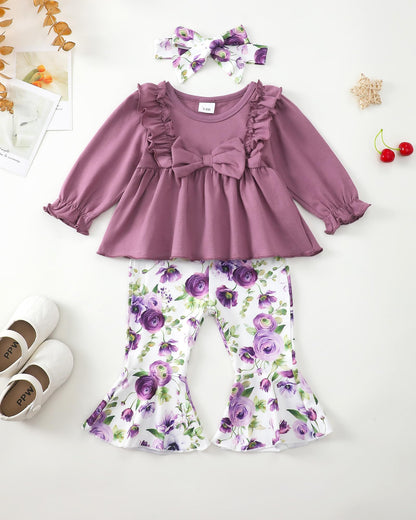Toddler Baby Girl Clothes Fall/Winter Girls Outfits Ruffle Long Sleeve Tops Floral Flared Pants Girls' Clothing Sets