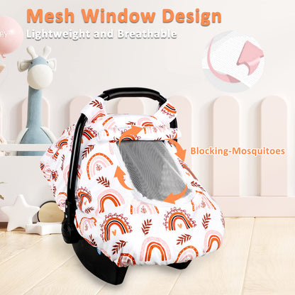 Pea Pod Car Seat Cover Baby, Infant Car Seat Canopy Covers for Newborn with 2 Layers Windows of Breathable Mesh Fabric, Lightweight Polyester/Soft Minky Dot Backing (Floral & Rainbow)