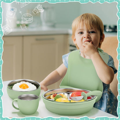 Nuogo 6 Pcs 304 Stainless Steel Kids Plates and Bowls Set Stainless Steel Suction Bowls and Toddler Cup with Removable Silicone, Forks Spoons Pocket Bib for Baby Toddle(Pink,Round)