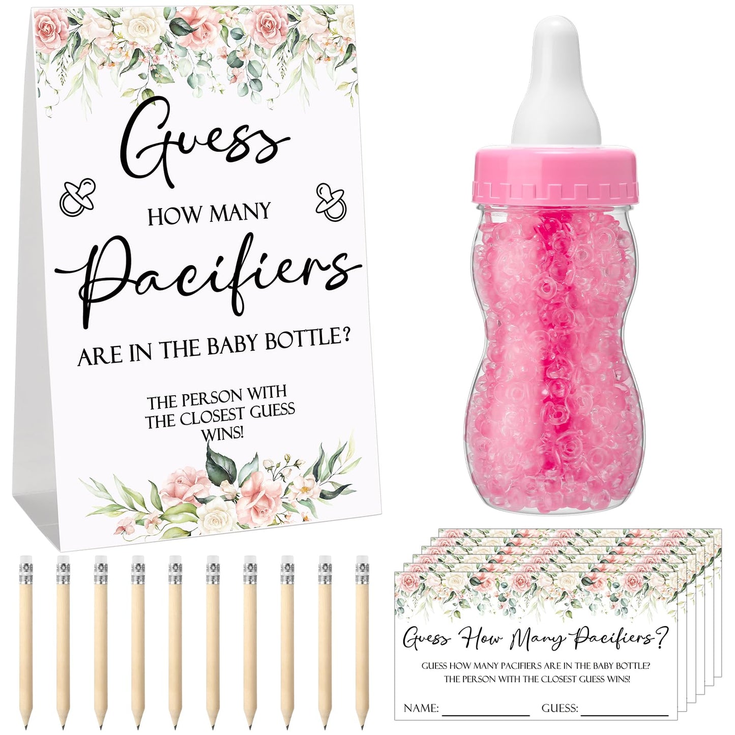 Roowest 512 Pcs Baby Shower Games Guess How Many Pacifiers Sign 100 Small Guessing Games 10 HB Pencils 750ml Milk Bottle 400 Acrylic Pacifiers Decoration for Guest Gender Reveal(Pink,Bear)
