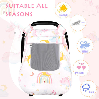 Pea Pod Car Seat Cover Baby, Infant Car Seat Canopy Covers for Newborn with 2 Layers Windows of Breathable Mesh Fabric, Lightweight Polyester/Soft Minky Dot Backing (Floral & Rainbow)