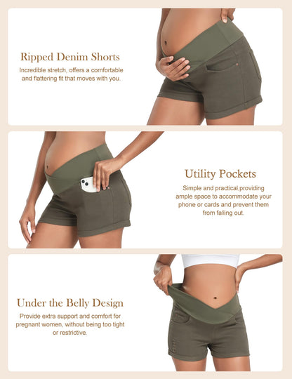 HOFISH Women's Maternity Jeans Shorts Over The Belly Stretchy Comfy Denim Shorts Pants Casual Workout Pregnancy Shorts