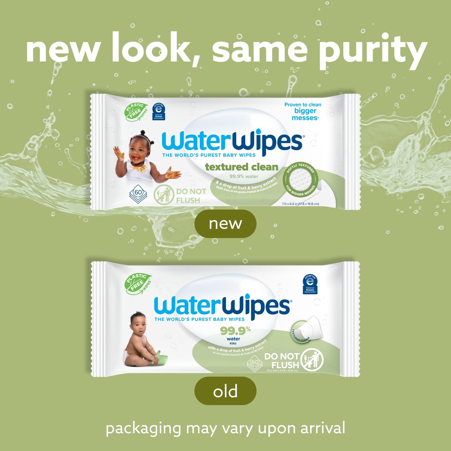 WaterWipes Plastic-Free Textured Clean, Toddler & Baby Wipes, 99.9% Water Based Wipes, Unscented & Hypoallergenic for Sensitive Skin, 60 Count (12 packs), Packaging May Vary