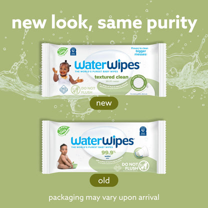 WaterWipes Plastic-Free Textured Clean, Toddler & Baby Wipes, 99.9% Water Based Wipes, Unscented & Hypoallergenic for Sensitive Skin, 60 Count (12 packs), Packaging May Vary