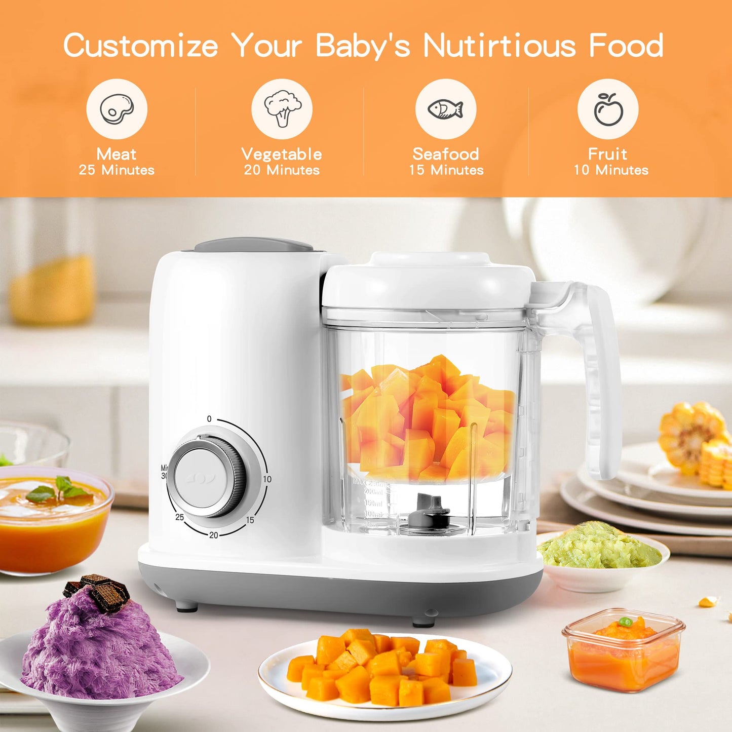 Baby Food Maker, 4 in 1 Baby Food Processor and Steamer, Puree Blender, Multifunctional Baby Puree Maker, Dishwasher Safe, White