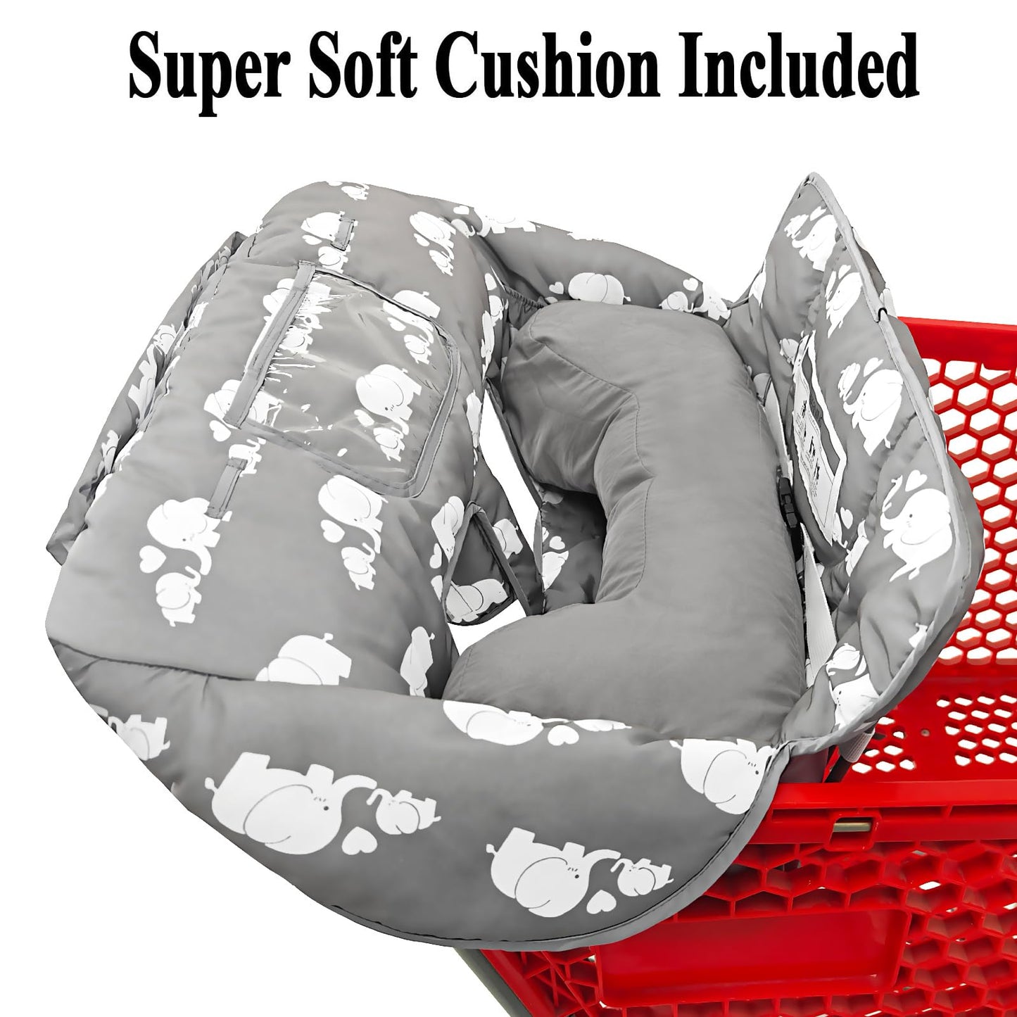 Soft Pillow Attached 2-in-1 Shopping Cart and High Chair Cover for Baby, Cotton Padded Cart Cover, Fold'n Roll Style, Portable with Carry Bag (Blue Elephant)
