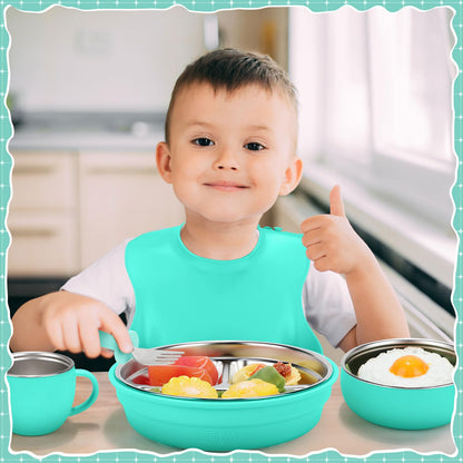 Nuogo 6 Pcs 304 Stainless Steel Kids Plates and Bowls Set Stainless Steel Suction Bowls and Toddler Cup with Removable Silicone, Forks Spoons Pocket Bib for Baby Toddle(Pink,Round)