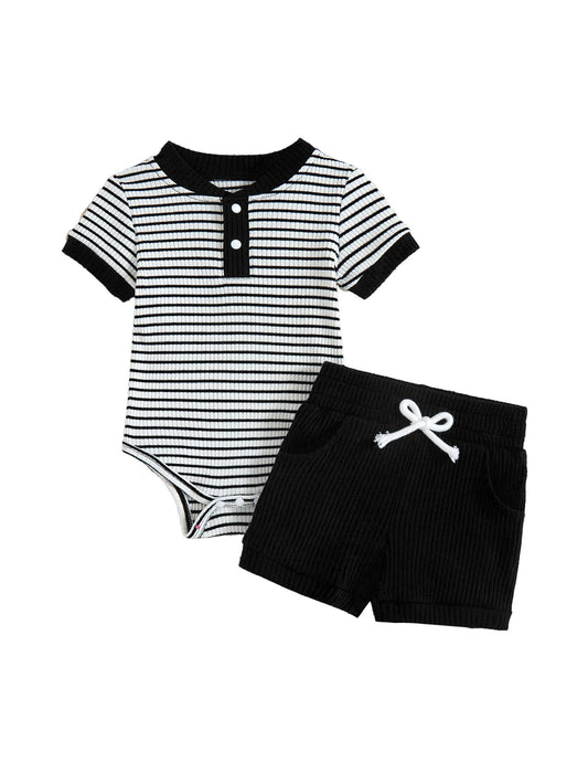 Baby Boy Outfits Ribbed Short Sleeve Striped Romper Top Solid Shorts with Pocket Baby Boy Summer Clothes 0-18M