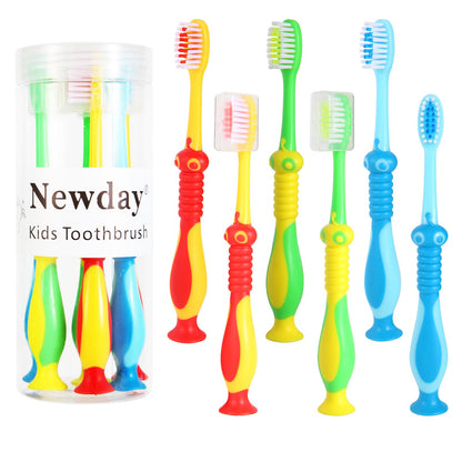 Kids toothbrushes 6 Pack Set Soft Bristles with Suction Cup, Includes Travel Covers, Bear Panda toothbrushes for Kids Boys & Girls, Toddlers &Children Teeth Age 3+