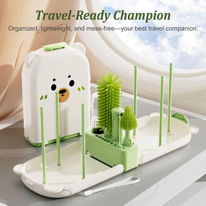 Travel Baby Bottle Cleaner Kit with Storage Case – 6-in-1 Compact Bottle Brush Set for Infant Feeding, Breast Pump Parts & On-The-Go Washing – Baby Travel Essentials for Flying (Green)