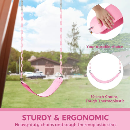 TURFEE Heavy Duty Swing Seat Pink Color with 66” Chain, Swing Set Accessories Replacement with Snap Hooks for Kids Outdoor Play Playground