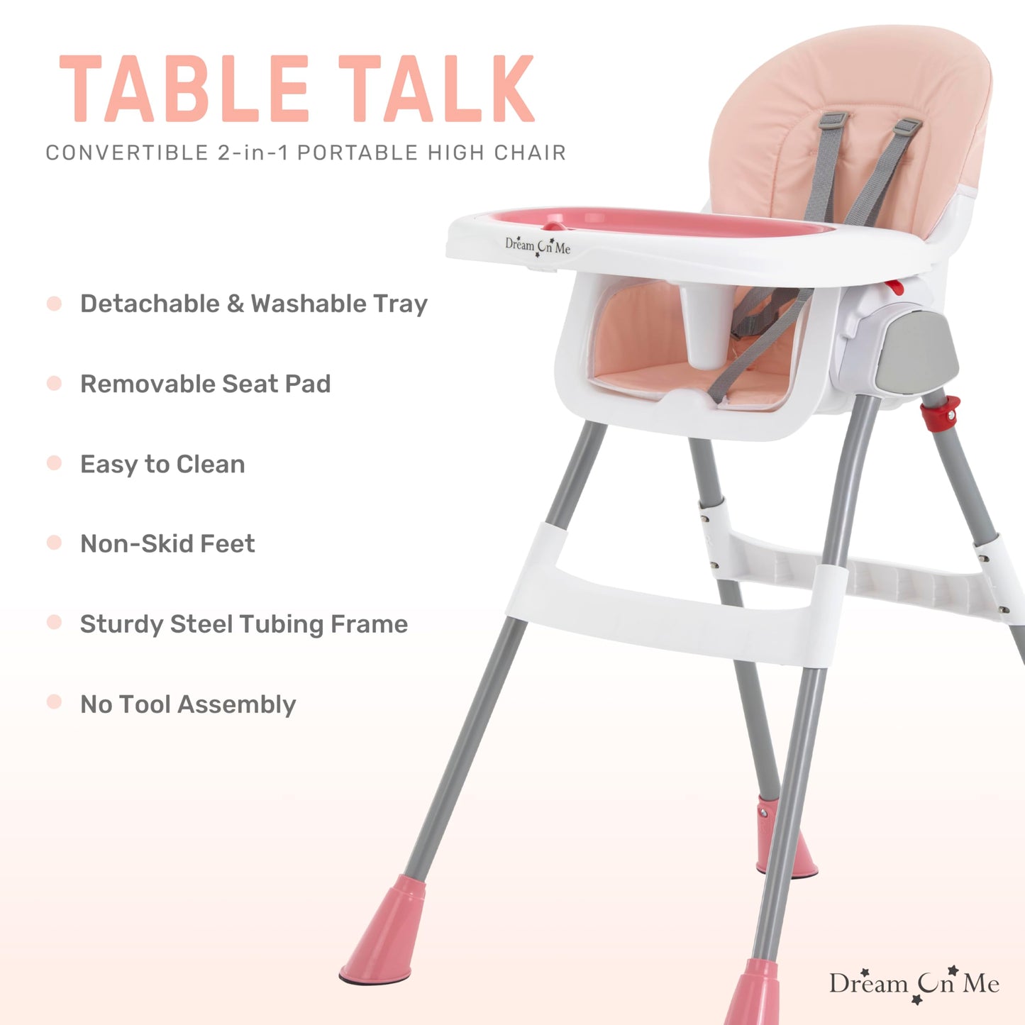 Dream On Me Portable 2-in-1 Tabletalk High Chair, Convertible Compact High Chair, Light Weight Portable Highchair, Grey