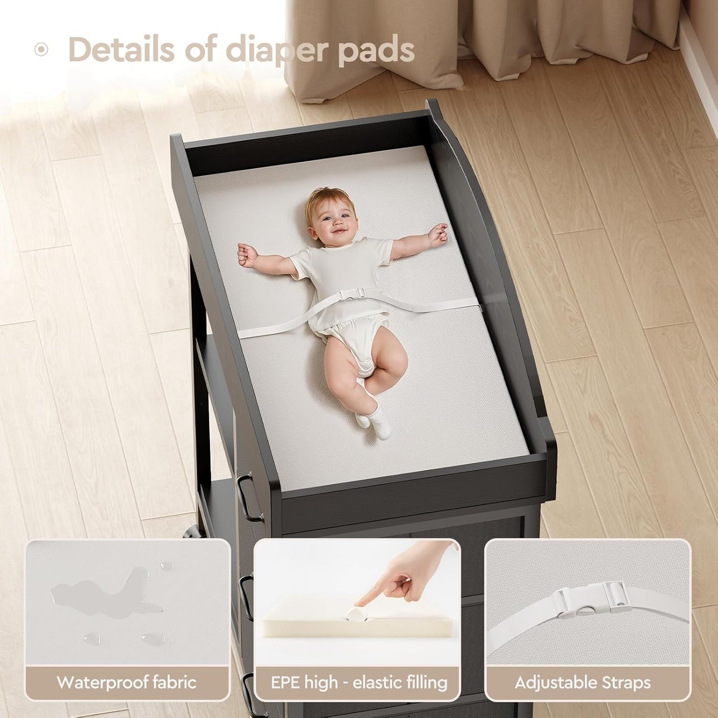 Changing Table Dresser, Baby Dresser with 3 Drawers and 2 Shelves, Multi-Functional Baby Changing Table with Pad, Classic Nursery Dresser, Diaper Changing Station for Children's Room, Black