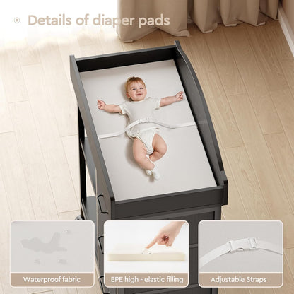 Changing Table Dresser, Baby Dresser with 3 Drawers and 2 Shelves, Multi-Functional Baby Changing Table with Pad, Classic Nursery Dresser, Diaper Changing Station for Children's Room, Black