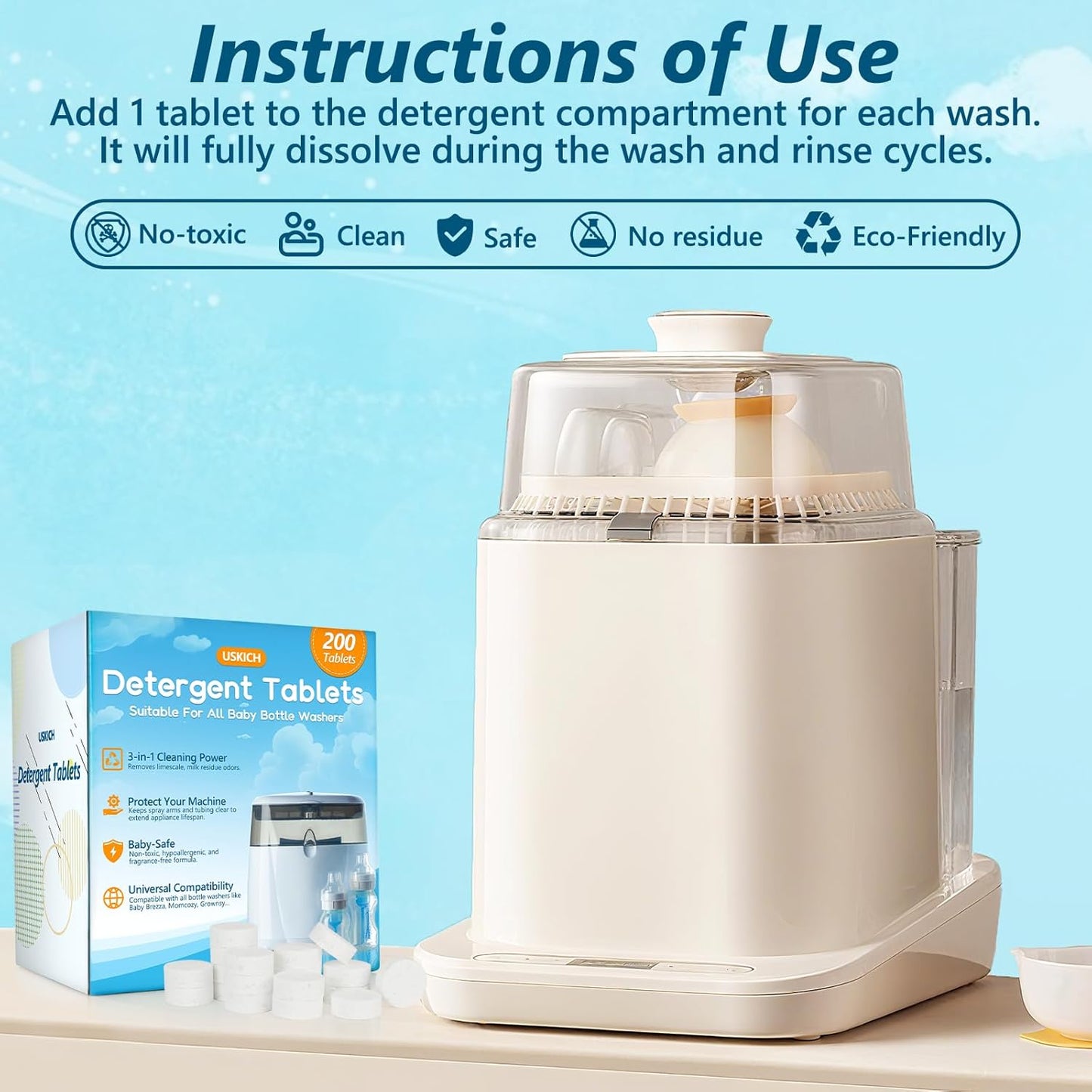 200Pcs Detergent Tablets for All Baby Bottle Washers, Deep Cleaning Momcozy Washer Tablets for Bottle Washer,Sterilizer,Dryer Like Brezza, GROWNSY-Easy to Use,Effective Cleaning with Safe