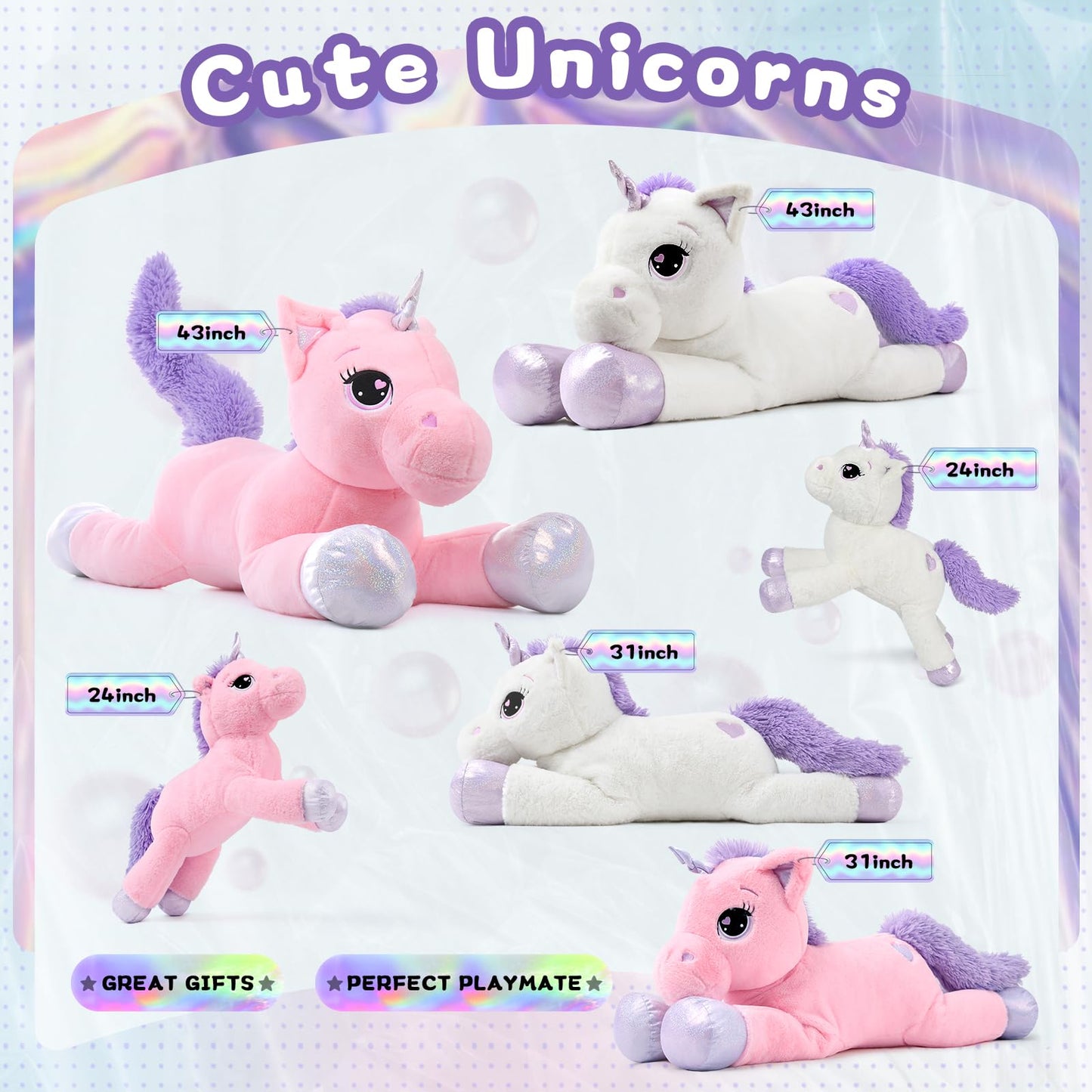 43" Giant Unicorn Stuffed Animal, Unicorn Plush Pillow Toys Big Plushy Fluffy, Gift for Girls Kids Boys Girlfriend, White & Purple