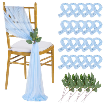 QueenDream Light Blue Sashes Chair Aisle Decorations: 24 Pack Baby Shower Chair Cover 8FT Long Tulle Draping Fabric Wedding Reception Church