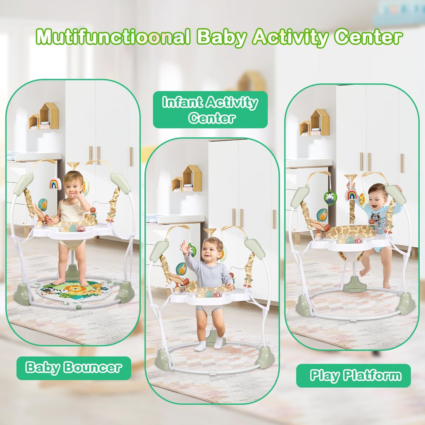 Baby Activity Center, Infant Jumpers and Bouncers with Music, Lights, Infant Toys, 360°Rotating Seat, 3 Adjustable Heights, Baby Play and Learning Center for 6+ Months