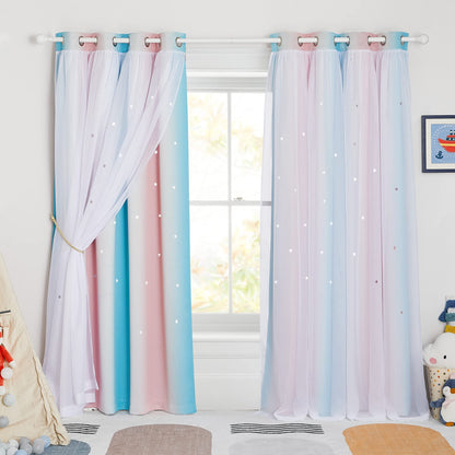 NICETOWN Nursery Curtains for Kids, Farmhouse Blackout Curtain Panels for Bedroom, Double Layer Star Hollow-Out Grommet Aesthetic Living Room Toddler Window Curtains, 2 Pcs, W52 x L84, Biscotti Beige
