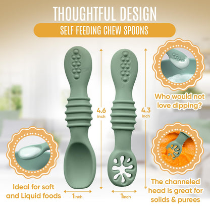 4pc Silicone Baby Spoons Self Feeding Baby Utensils 6-12 Months - 3 Baby Spoon - 1 Baby Fork - Toddler Cutlery Set - BPA Free, Dishwasher Safe, Baby Eating Essentials (Light pink/Army Green)