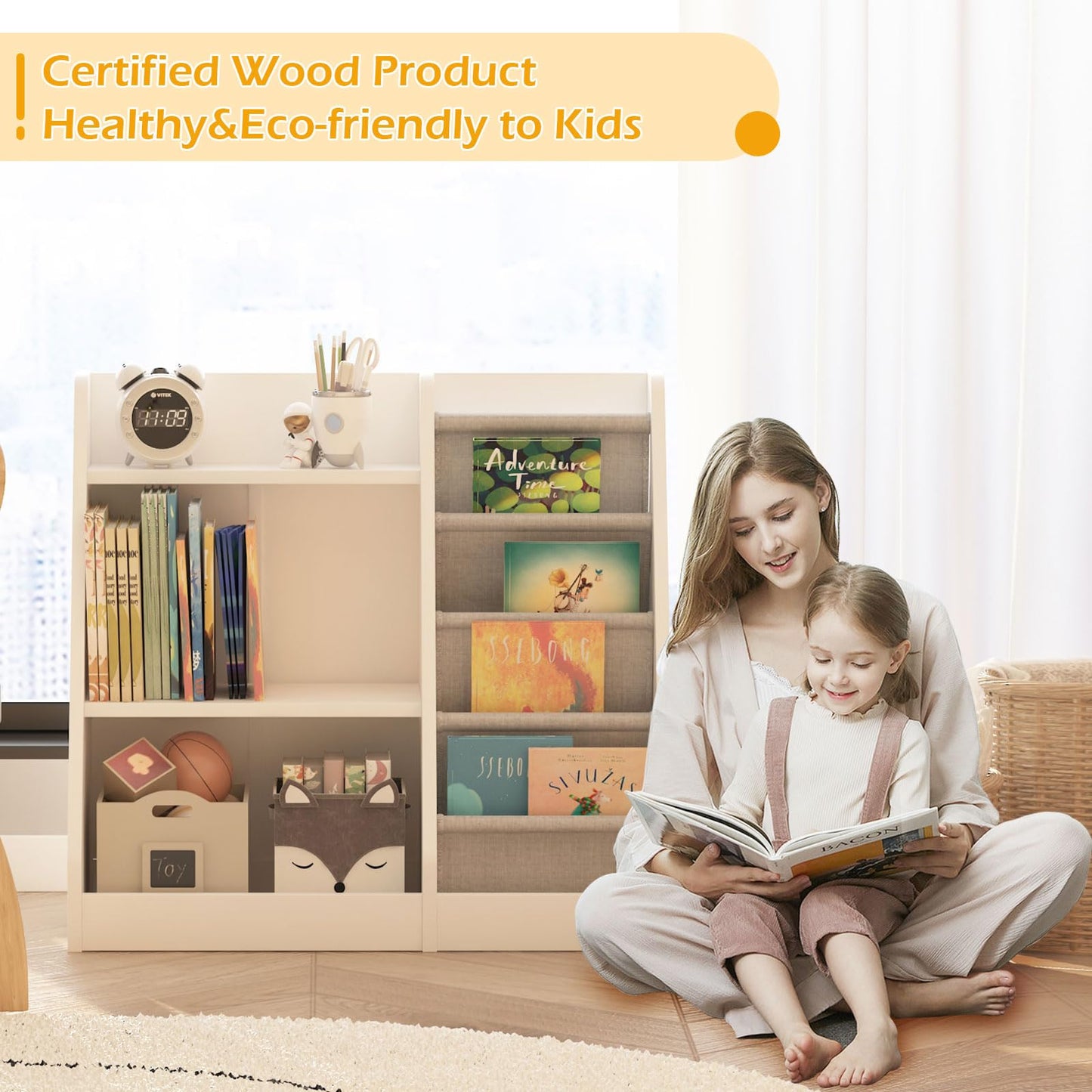 White Kids Bookshelf Wood Toy Storage Organizer Cabinet Children Bookcase Toddler Baby Sling Book Rack 3 Cube Bins Fabric Drawers for Playroom Bedroom Nursery School