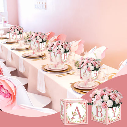 TSVATE Pink Baby Shower Boxes Decorations - 4 Baby Shower Centerpiece Boxes Gender Reveal First Birthday Centerpiece Decors (Without Flowers)