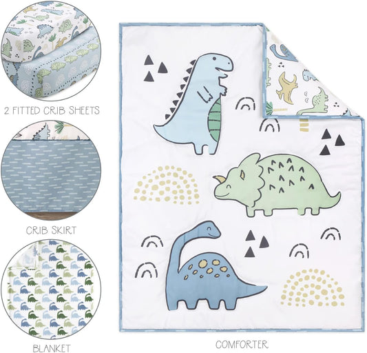 The Peanutshell 5 Piece Baby Crib Bedding Set for Boys - Newborn, Infant & Toddler Nursery Bed Set Decor with Fitted Crib Sheets, Blanket, Dust Ruffle Comforter - Blue Dino