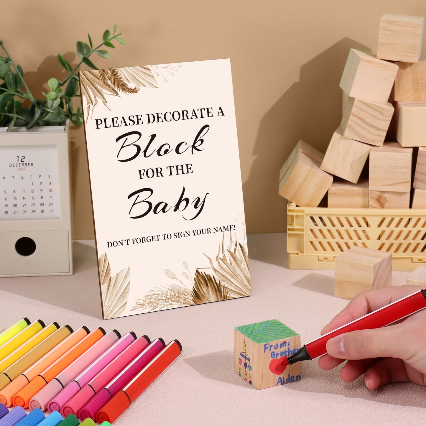 Baby Shower Games Sign Kit with 50 Blank Wooden Baby Blocks, 24 Acrylic Paint Marker and Wooden Sign, Blocks for Baby Shower, Gender Reveals Party(Green)