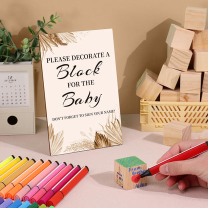 Baby Shower Games Sign Kit with 50 Blank Wooden Baby Blocks, 24 Acrylic Paint Marker and Wooden Sign, Blocks for Baby Shower, Gender Reveals Party(Green)