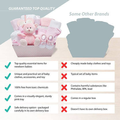 Baby Box Shop - Baby Shower Gifts for Girls - 14 Girl Newborn Essentials Girl Gifts, Includes Teddy Bear, Bodysuit, Bib, Mittens, Hat, Towel - Basket Gifts for Newborn Girl - Pink