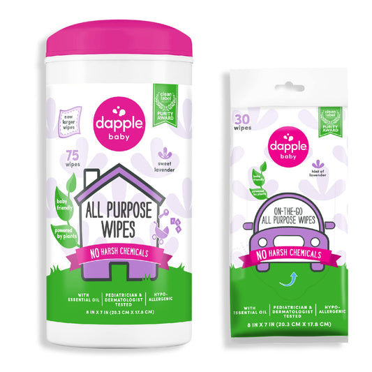All Purpose Wipes by Dapple Baby, Hypoallergenic Cleaning Wipes Powered by Plants, Hint of Lavender, 75 Count Canister (Pack of 2) + 30 Count (Pack of 2)