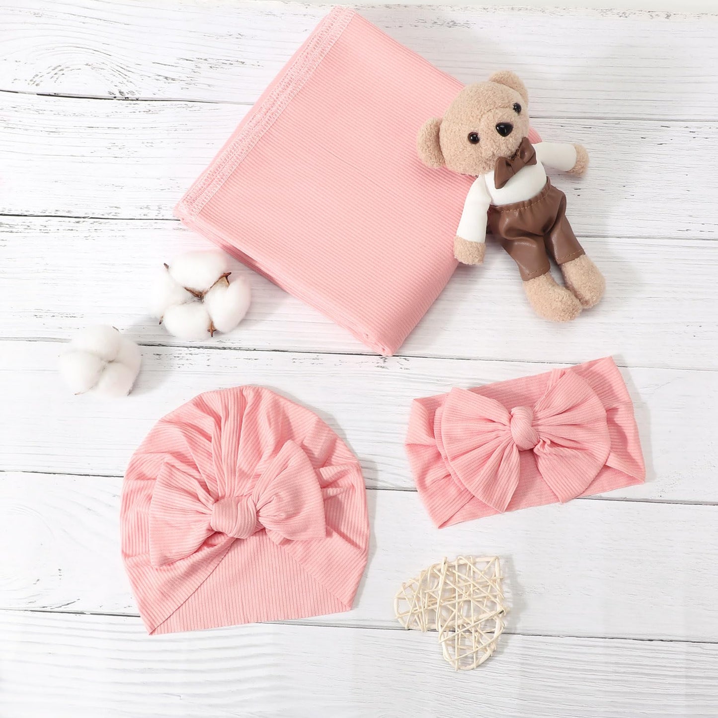 Newborn Receiving Blanket with Bow Hat Mittens Wooden Card Set Wheat-Pattern Newborns Toddler Baby Boy Girl Nursery Swaddle Wrap