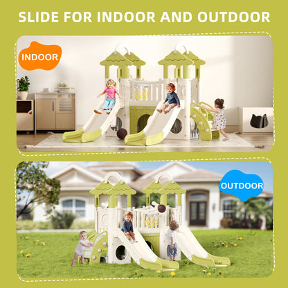 KORIMEFA 10-in-1 Toddler Slide, Kid Double Slide for Toddlers Age 1-3, Basketball Hoop, and Telescope, Indoor Outdoor Slide Toddler Playset Toddler Playground, Forest Themed Brown