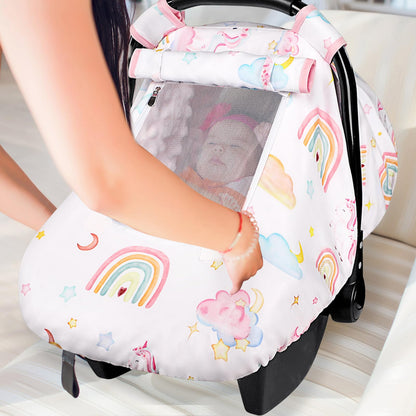 Pea Pod Car Seat Cover Baby, Infant Car Seat Canopy Covers for Newborn with 2 Layers Windows of Breathable Mesh Fabric, Lightweight Polyester/Soft Minky Dot Backing (Floral & Rainbow)