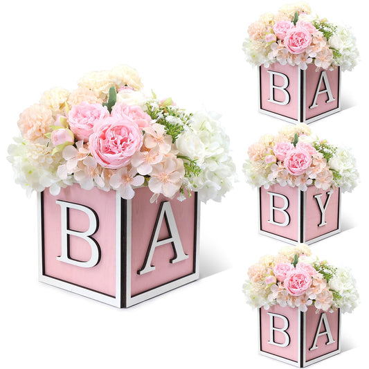 4 Set Baby Shower Centerpieces for Tables - 6 inch Wooden Boxes with Baby Letters Rustic Cube Planter Wood Blocks for Boy Girl Gender Reveal Party Favor (Blue)