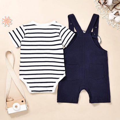 Baby Boy Clothes Newborn Outfits Stripe Romper Infant Cartoon Overall Adjustable Suspender Pants Set 0-18 Months