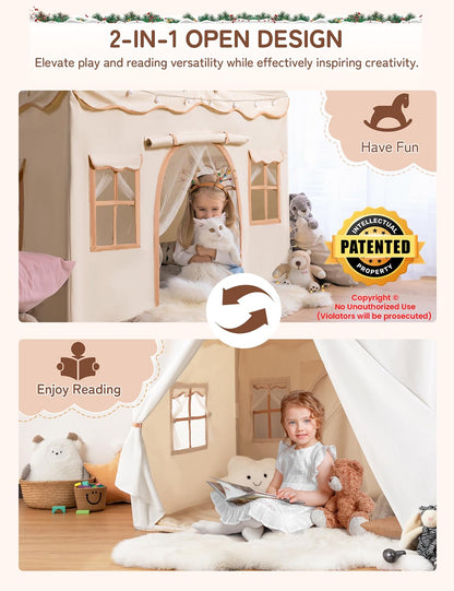 BESREY Kids Play Tent - 2 in 1 with Padded Mat & Lights, Large Playhouse with 2 Doors & 4 Windows, Indoor & Outdoor, Christmas Toddler Play Tent, 51" x 35" x 51