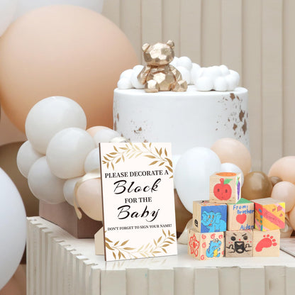 Baby Shower Games Sign Kit with 50 Blank Wooden Baby Blocks, 24 Acrylic Paint Marker and Wooden Sign, Blocks for Baby Shower, Gender Reveals Party(Green)
