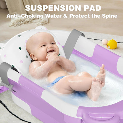 MoreFeel Collapsible Baby Bathtub for Newborn with Thermometer & 1 Hooded Towel & 1 Soft Floating Cushion,Portable Travel Bathtub with Drain Hole, Durable Foldable Baby Tubs for Infants to Toddler