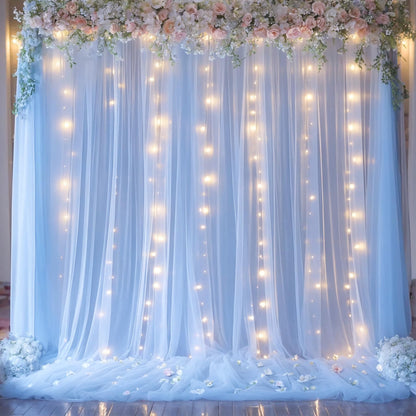 White Tulle Backdrop Curtain with Lights String for Parites 10×8ft Sheer Backdrop Curtains White Curtain Backdrop for Wedding Baby Shower Birthday Party Photo Shoot Decorations(2 Panels 10ft×8ft)