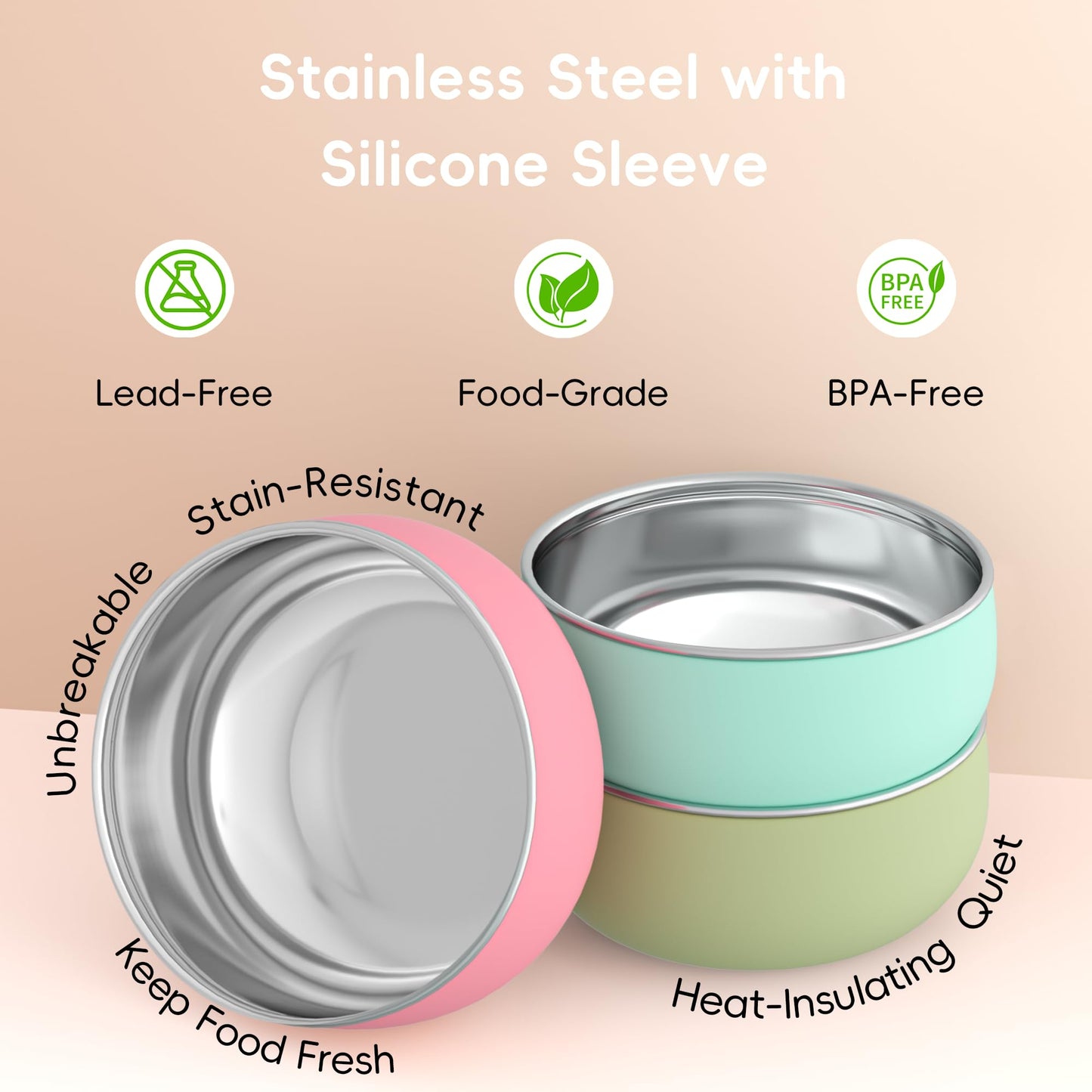 Bella's Friends Stainless Steel Baby Bowls with Silicone Sleeve 3 Pack, 4.3” for Toddlers Kids Feeding, Non-Slip, Non-Toxic, Mess-Free, Dishwasher Safe, Fit High Chair Size, Rose green Khaki