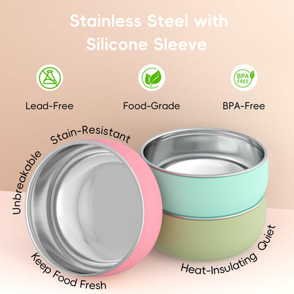 Bella's Friends Stainless Steel Baby Bowls with Silicone Sleeve 3 Pack, 4.3” for Toddlers Kids Feeding, Non-Slip, Non-Toxic, Mess-Free, Dishwasher Safe, Fit High Chair Size, Rose green Khaki