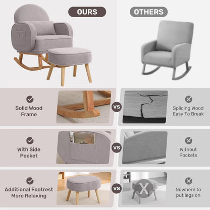 Rocking Chair with Ottoman, Upholstered Glider Rocker with High Backrest and Side Pocket, Rocking Accent Armchair with Solid Wood Legs for Nursery, Living Room, Bedroom Green