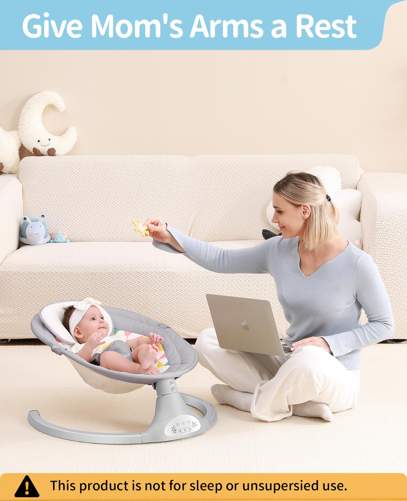 LAREX Baby Swings Electric Baby Swing Bluetooth Infant Swing Portable Rocker with 5 Speeds, 1 Seat Position, Remote Control, Grey