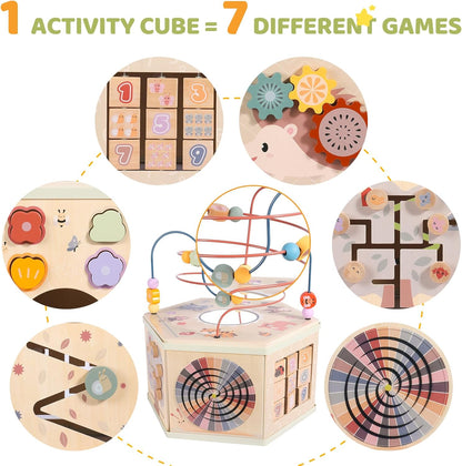 Large Wooden Activity Cube for Toddlers, 9 in 1 Educational Baby Activity Cube, Montessori Toys for 1+ Year Old Boys & Girls, Cute Zoo Theme Baby Cube Toy Sorting & Stacking Game, 1st Birthday Gift