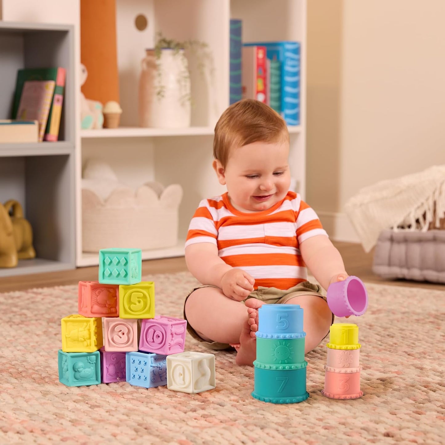 B. toys – Sensory Baby Toys – Soft Baby Blocks – Stacking Drip Cups – Numbers, Shapes & Animals – 6 Months + – Stackin' Squishies