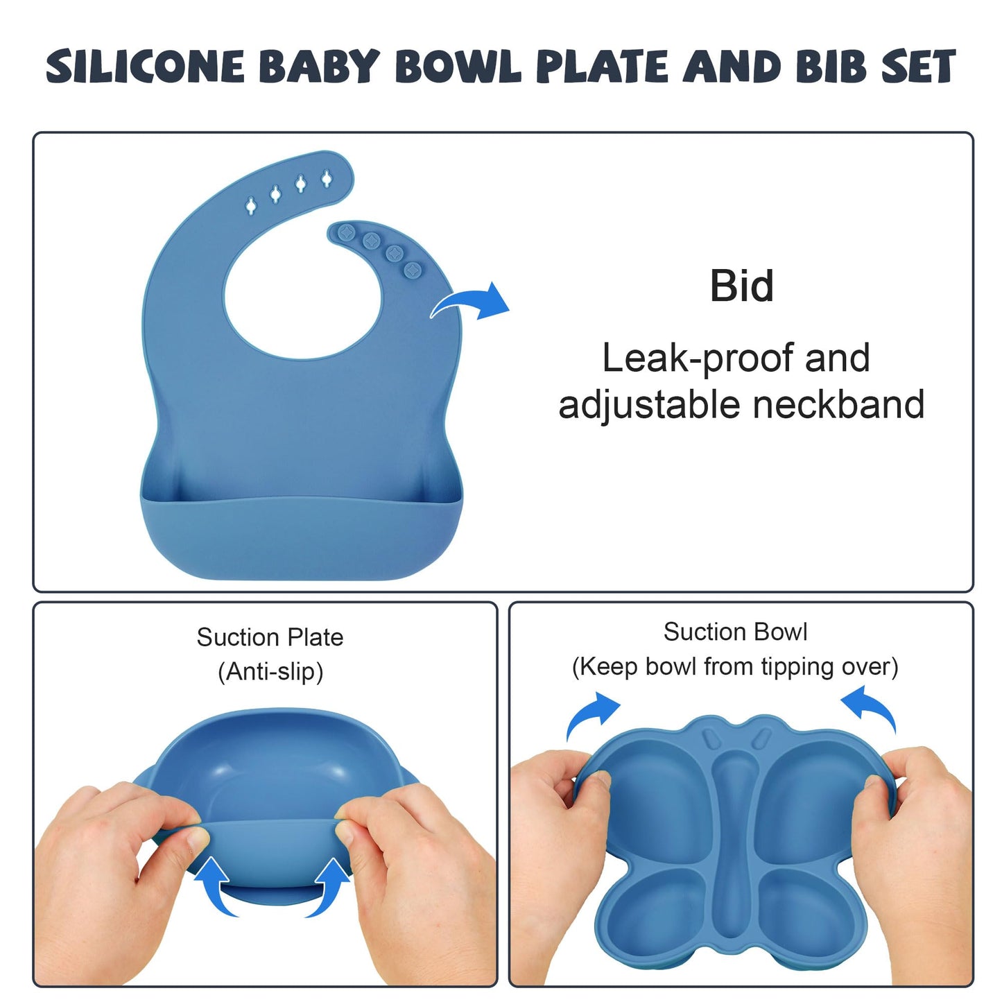 Silicone Baby Feeding Set, Baby Led Weaning Supplies, Silicone Suction Butterfly Plate, Bowl, Spoons, Fork and Waterproof Bib & Cloth Bib, Eating Utensils Baby Feeding Essentials (Purple)