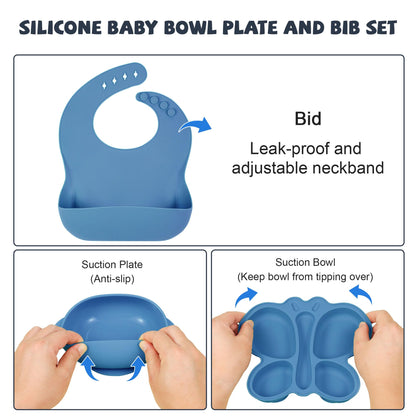 Silicone Baby Feeding Set, Baby Led Weaning Supplies, Silicone Suction Butterfly Plate, Bowl, Spoons, Fork and Waterproof Bib & Cloth Bib, Eating Utensils Baby Feeding Essentials (Purple)